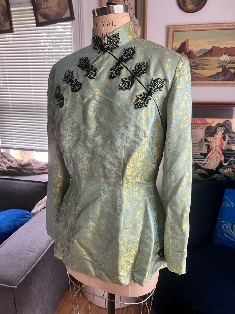 Pale Blue Green Brocade Mandarin Collar Silk Jacket with Black Frog Closures